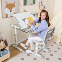 Kinderen Bureau en Stoel Set in Hoogte Verstelbaar Kind School Studie Bureau Set met Gekanteld Tafelblad Uitschuifbare Lade Grijs/Blauw/Roze