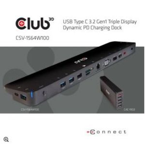 CLUB3D USB 3.2 GEN1 C TRIPLE DISPLAY DYNAMIC 100W PD CHARGING DOCK. THE 5 X USB-A PORTS Docking USB