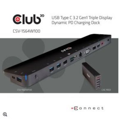 CLUB3D USB 3.2 GEN1 C TRIPLE DISPLAY DYNAMIC 100W PD CHARGING DOCK. THE 5 X USB-A PORTS Docking USB