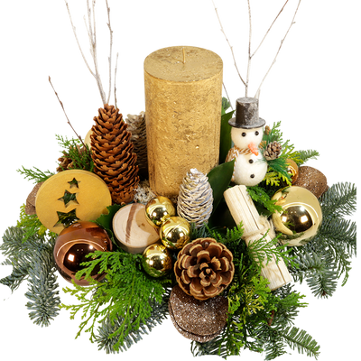 Kerststuk rond met gouden dikke kaars Kerststuk rond met gouden dikke kaars