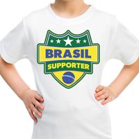 Brazilie / Brasil schild supporter t-shirt wit voor kinderen - thumbnail