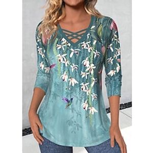 Dames T-shirt Bloemig Marineblauw blauw Paars Afdrukken Lange mouw Casual Feestdagen Modieus V-hals Normale pasvorm Lente Herfst Lightinthebox