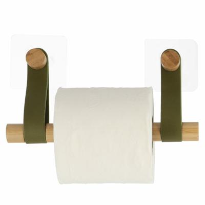 Toiletrolhouder wand/muur - zelfklevend - olijfgroen - bamboe/kunstleer - zonder boren