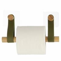 Toiletrolhouder wand/muur - zelfklevend - olijfgroen - bamboe/kunstleer - zonder boren