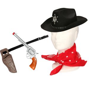 Carnaval verkleeds set cowboyhoed Kentucky - zwart - rode hals zakdoek - holster met revolver