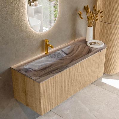 Badmeubel Mondiaz Kurve-Dlux | 125 cm | Meubelkleur Oak | Wastafelkleur Sombra | Solid surface | Wasbak linker zijde spoelbak | 1 kraangat