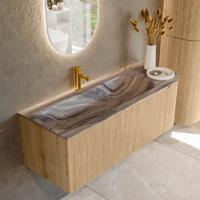 Badmeubel Mondiaz Kurve-Dlux | 125 cm | Meubelkleur Oak | Wastafelkleur Sombra | Solid surface | Wasbak linker zijde spoelbak | 1 kraangat