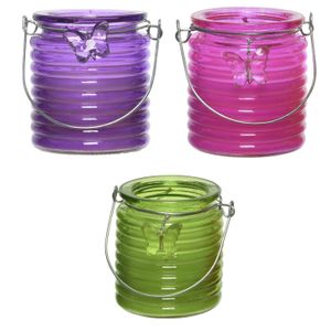 Citronella windlicht met kaars - 3x - paars/roze en groen - 20 branduren - citrusgeur