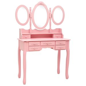 The Living Store Kaptafel Roze - Paulowniahout/MDF/Glas/Spons - 90x40x146cm - Met spiegels en 7 lades