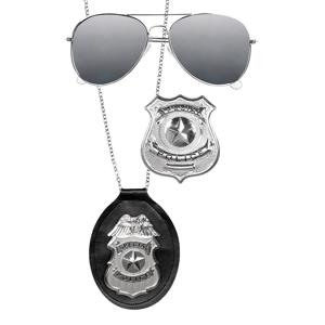 Carnaval/verkleed accessoires Politie - ketting met badge/zonnebril - zwart/zilver - kunststof