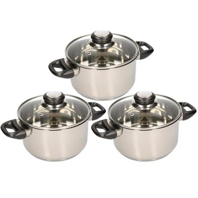 RVS kookpannen set - 3x stuks - met glazen deksels - pannenset - Dia 16 - 20 - 24 cm