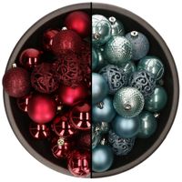 74x stuks kunststof kerstballen mix van donkerrood en ijsblauw 6 cm