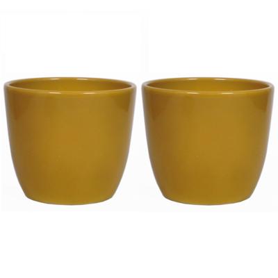 2x Bloempot - glanzend - oker geel - keramiek - voor kamerplant - H17 x D19.5 cm