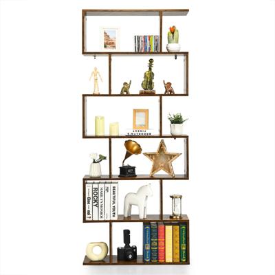 6-Laags Boekenkast Vrijstaande S-vormige Stijl Boekenplank met Anti-kantelbeveiliging Z-ontworpen Houten Plank Bruin/Wit/Zwart