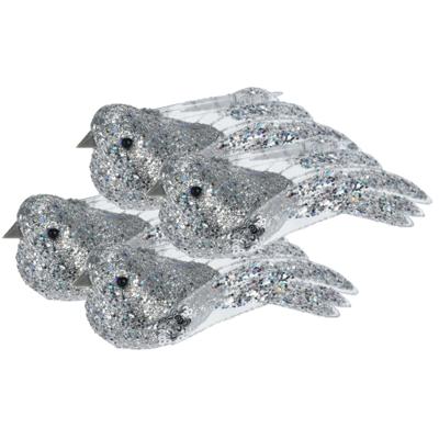 Kerstboomversiering Vogel - 4x stuks - 10 cm - Zilver glitter - op clip - ornament