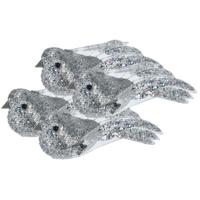 Kerstboomversiering Vogel - 4x stuks - 10 cm - Zilver glitter - op clip - ornament