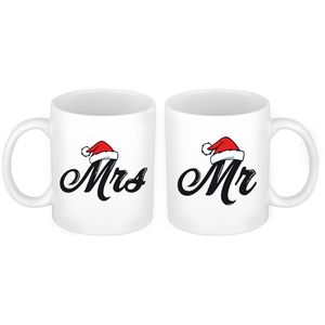 Set van 2x mokken Mr en Mrs kerstmuts cadeau mok / beker wit voor koppels 300 ml - Bekers