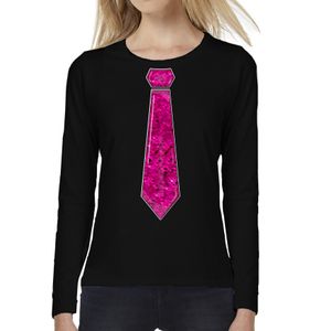 Verkleed shirt voor dames - stropdas pailletten roze - zwart - carnaval - foute party - longsleeve