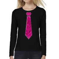Verkleed shirt voor dames - stropdas pailletten roze - zwart - carnaval - foute party - longsleeve - thumbnail