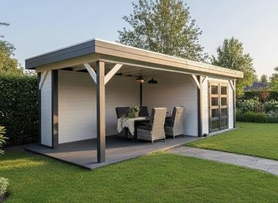 Blokhut Bosuil 300x300 cm + luifel 400 cm - antraciet en wit gecoat - incl. EPDM, aluminium daktrim en antraciet vlonder - Showmodel Hoofddorp- Plat dak- Gecoat vurenhout- Woodvision