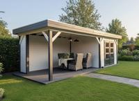 Blokhut Bosuil 300x300 cm + luifel 400 cm - antraciet en wit gecoat - incl. EPDM, aluminium daktrim en antraciet vlonder - Showmodel Hoofddorp- Plat dak- Gecoat vurenhout- Woodvision