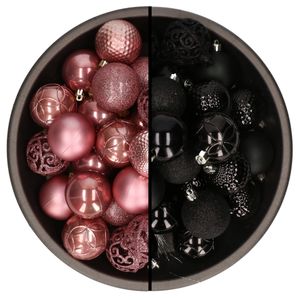 74x stuks kunststof kerstballen mix zwart en oudroze 6 cm