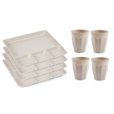 Plasticforte Vakjesborden 4x - met bekers 4x - beige - kunststof - gourmetborden - bbq servies