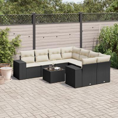9-delige Loungeset met kussens poly rattan zwart