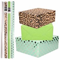 8x Rollen transparante folie/inpakpapier pakket-panterprint/groen/mintgroen met stippen 200 x 70 cm - Cadeaupapier