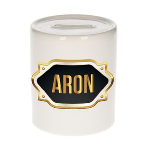 Naam cadeau spaarpot Aron met gouden embleem