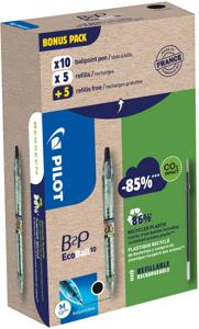 Pilot Ecoball B2P BeGreen balpen, medium punt, 0,3 mm 10 stuks + 10 vullingen, zwart