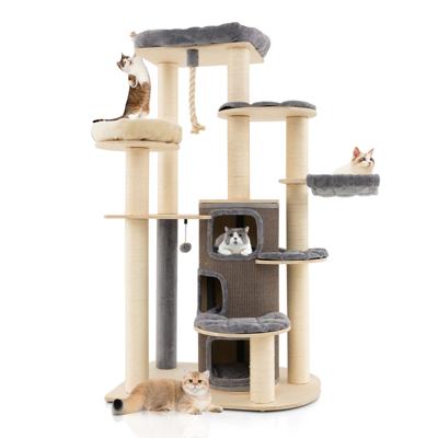Multi-Level Houten Krabpaal met 3 Niveaus/2 Zitstokken/Krabpaal/Platform/Springbal/Ophangkoord/Meubilair voor Binnenkatten Grijs