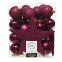 Decoris kerstballen set - 34-dlg - framboos roze - incl. piek - kunststof - kerstversiering