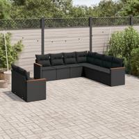 9-delige Loungeset met kussens poly rattan zwart