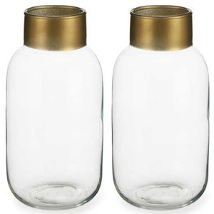 Bloemenvazen 2x stuks - luxe decoratie glas - transparant/goud - 14 x 30 cm