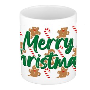 Leuk Kerstpatroon cadeau mok/beker gingerbread en zuurstokken - wit