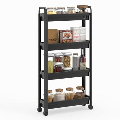 Smalle Rolwagen 3-/4-Traps Badkamerorganizer met Handgrepen en Wieltjes Multifunctionele Opbergwagen-Zwart-4-laags