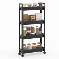 Smalle Rolwagen 3-/4-Traps Badkamerorganizer met Handgrepen en Wieltjes Multifunctionele Opbergwagen-Zwart-4-laags