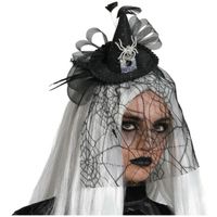 Halloween heksenhoed - mini hoedje op diadeem - one size - zwart/zilver - meisjes/dames - thumbnail