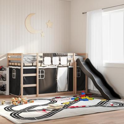 Stapelbed met glijbaan en gordijnen wit en zwart 90x200 cm