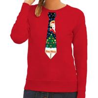 Bellatio Decorations Foute kersttrui - sweater - met stropdas kerst print - rood - voor dames