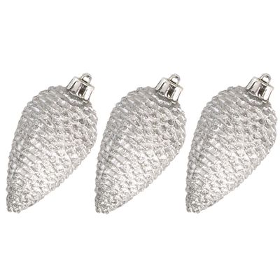 6x stuks kunststof dennenappels kerstballen 8 cm zilver glitter