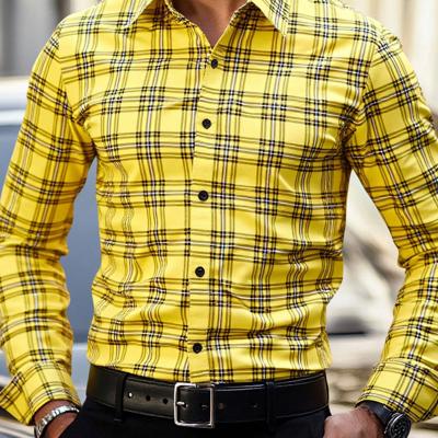 Bon&Bon Homme Men's Plaid Print Long Sleeve Shirt - Pink Regular Fit Yellow / S