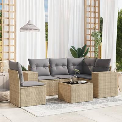 6-delige Loungeset met kussens poly rattan beige