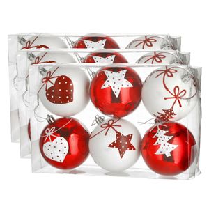 18x stuks gedecoreerde kerstballen rood en wit kunststof 6 cm