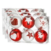 18x stuks gedecoreerde kerstballen rood en wit kunststof 6 cm - thumbnail