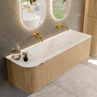 Badmeubel Mondiaz Kurve-Dlux | 145 cm | Meubelkleur Oak | Wastafelkleur Ostra | Solid surface | Dubbele spoelbak | Zonder kraangat(en)