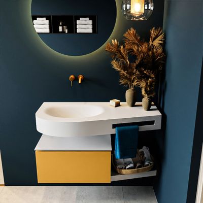 MONDIAZ RIVA 100cm badmeubel onderkast / planchet kleur Ocher met 1 lade. Wastafel DULCET links 0 kraangaten kleur Talc. MONDIAZ RIVA 100cm badmeubel onderkast / planchet kleur Ocher met 1 lade. Wastafel DULCET links 0 kraangaten kleur Talc.