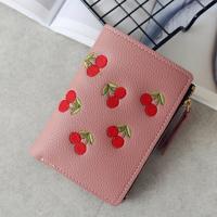 PU lederen Cherry borduurwerk Coin Purse kaarthouders (donker roze)