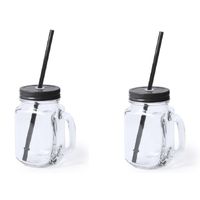 2x stuks glazen Mason Jar drinkbekers zwarte dop/rietje 500 ml